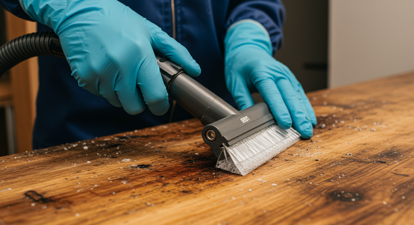 A close-up of a technician using specialized equipment, such as a HEPA vacuum, to remove mold from a wooden surface. The equipment is clearly visible, emphasizing the advanced technology used.