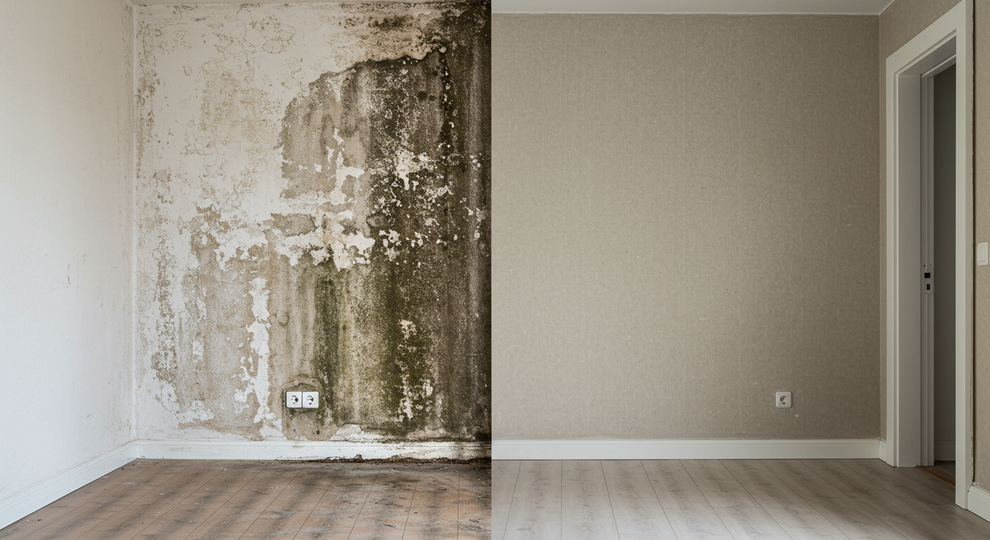 A split image showing a mold-infested wall on one side and the same wall completely clean and restored on the other. The transition is clear and visually striking.