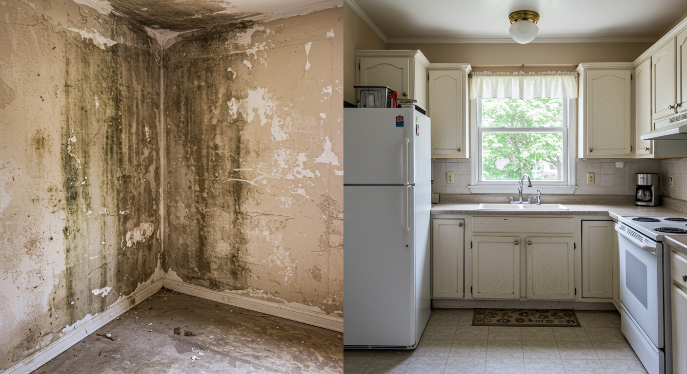 A split image showing a mold-infested wall on the left and the same wall restored and clean on the right. The setting is a kitchen in a Glen Burnie home.