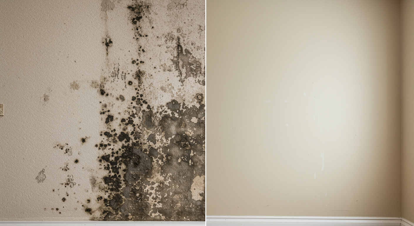 A split image showing the same wall before and after mold remediation. The 'before' side has visible black mold patches, while the 'after' side is clean and freshly restored.