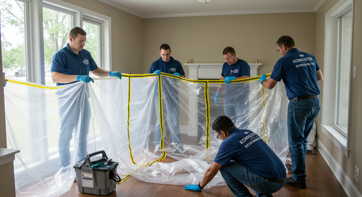 A team of certified mold specialists setting up containment barriers with plastic sheeting and sealing off an area in a home.