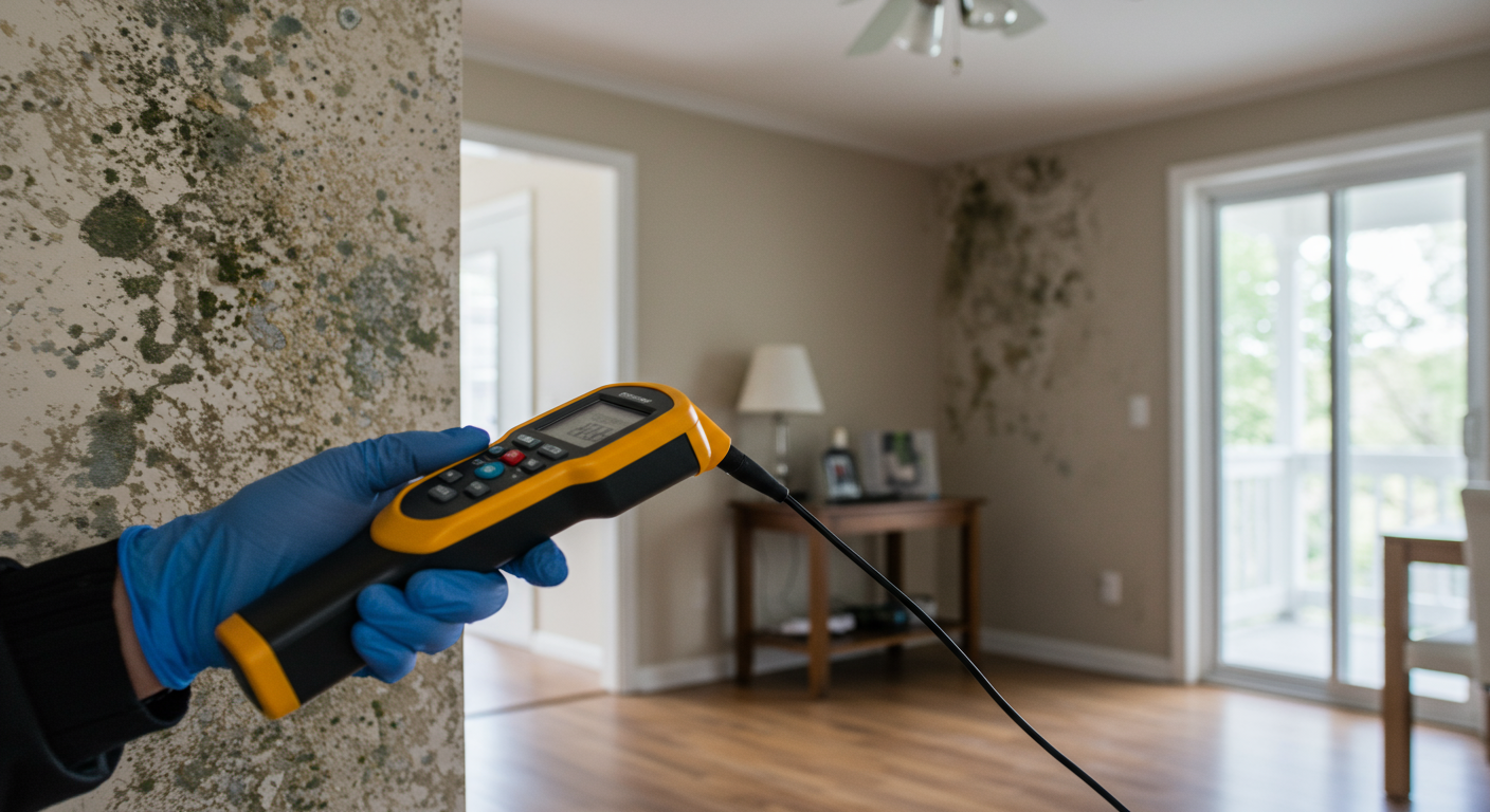A professional mold inspector using advanced equipment to check for mold in a residential home.