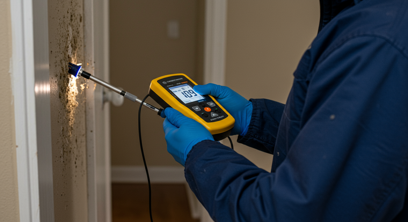 A certified mold inspector using advanced equipment to detect mold in a Columbia, MD home.