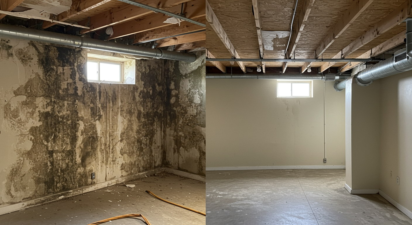 A before-and-after comparison of a mold-affected basement in Ellicott City, MD. The left side shows heavy mold growth on the walls, while the right side shows the same area cleaned and restored, with a bright and fresh appearance.