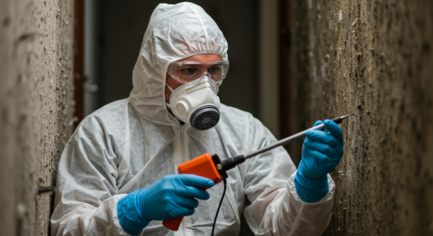 A certified mold removal technician in protective gear inspecting a moldy area with specialized equipment.