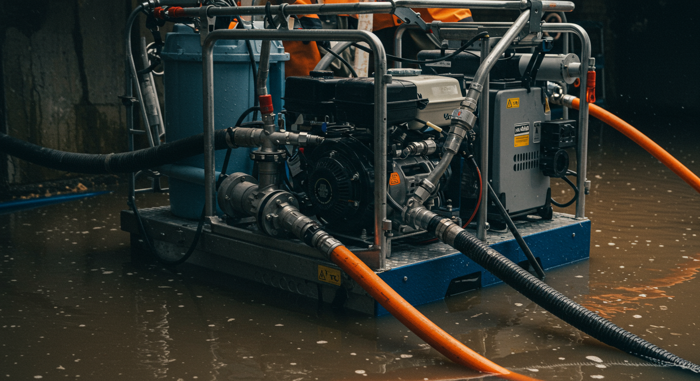 Close-up of high-tech water extraction equipment being used in a flooded area, showcasing the tools of the trade.