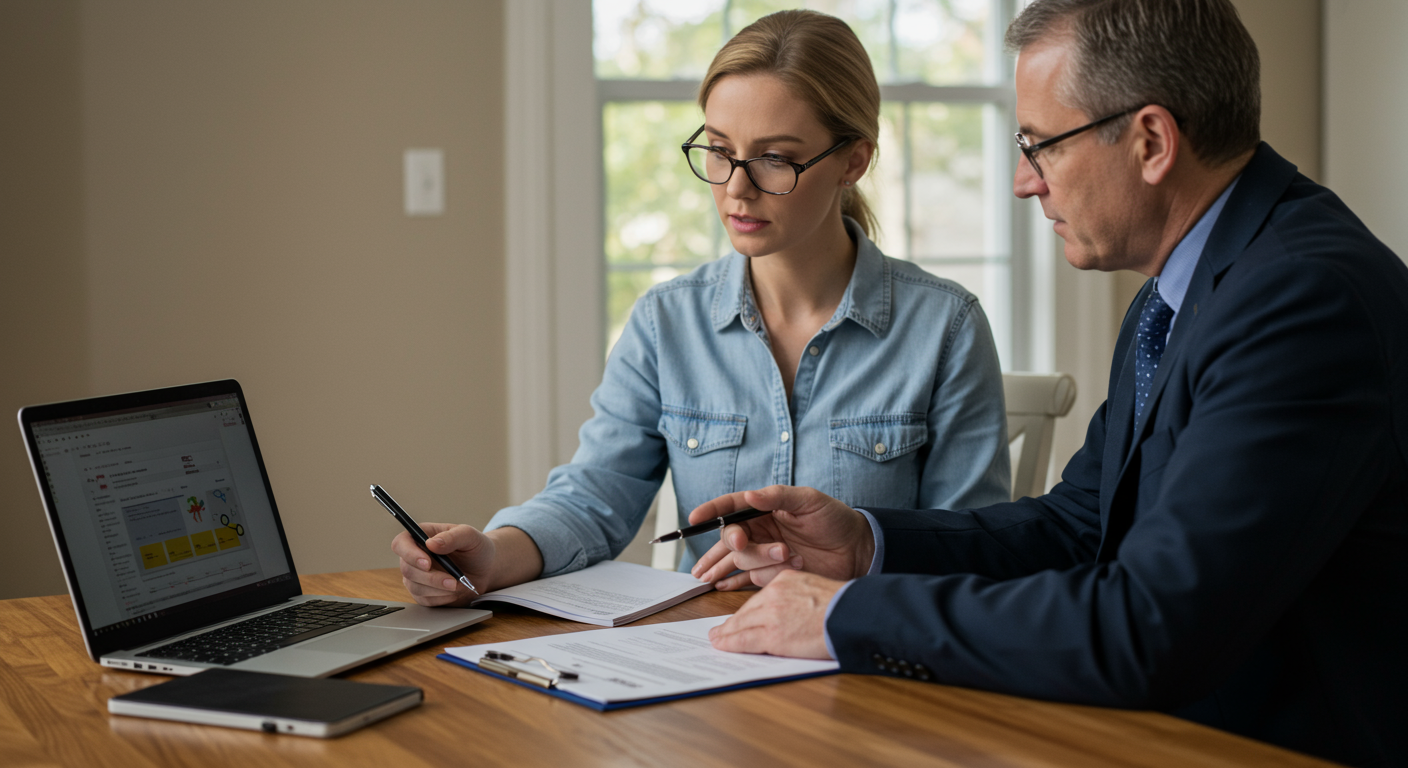 A professional mold inspector sitting at a table with a laptop, discussing mold inspection reports with a concerned homeowner, emphasizing the importance of communication.
