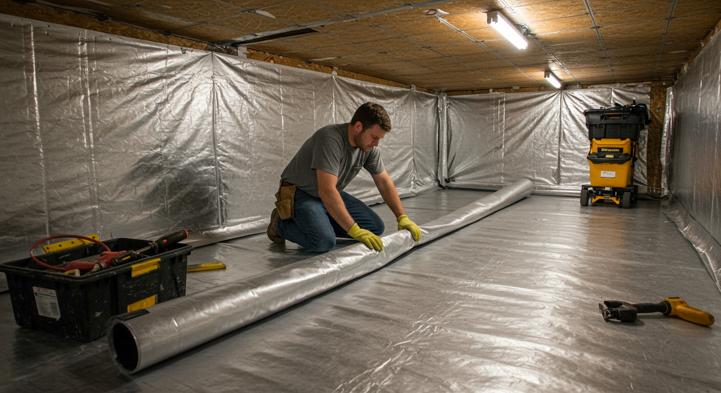 A professional contractor installing a vapor barrier in a crawl space. The image captures the contractor in action, carefully laying down the barrier while tools and materials are visible, emphasizing the meticulous process involved in crawl space encapsulation.