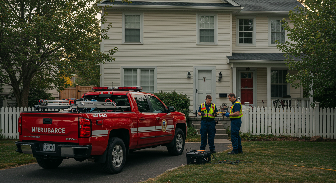 An emergency response vehicle parked outside a home, with technicians preparing to enter and assess water damage.