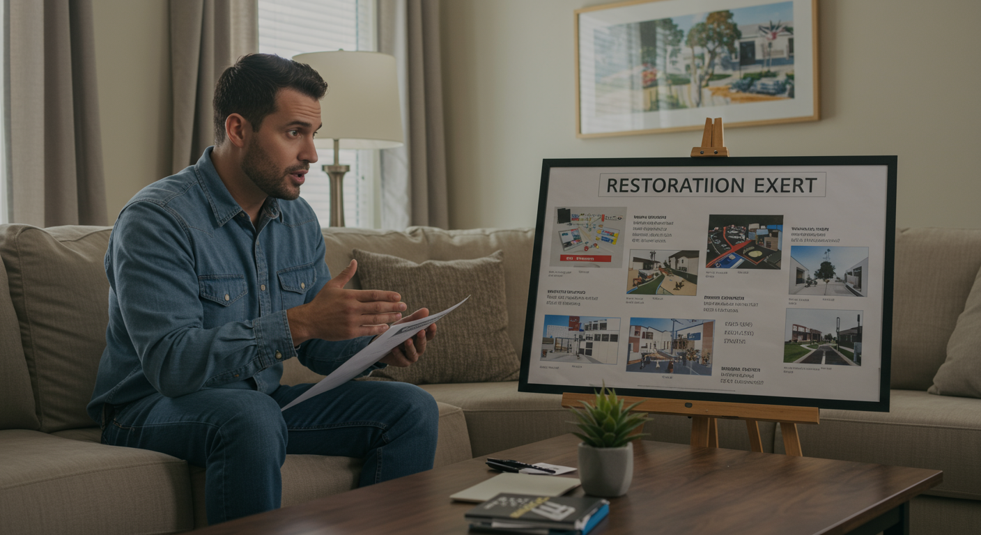 A homeowner consulting with a restoration expert in their living room. The expert is explaining the restoration process and costs using visual aids, creating a sense of trust and professionalism.