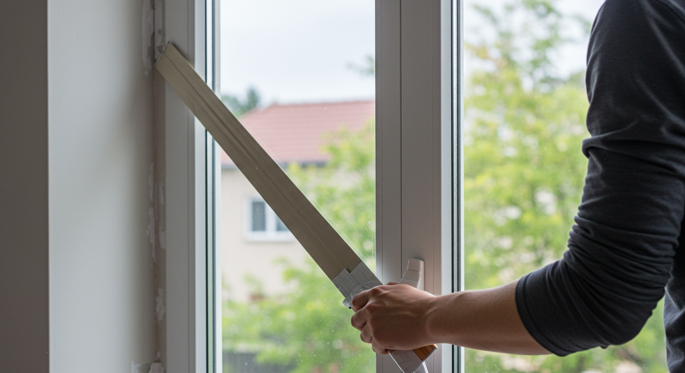 A homeowner is seen sealing windows and doors with weather stripping and applying a mold-resistant paint in a bright, well-lit room. The image emphasizes proactive measures taken to prevent mold growth.