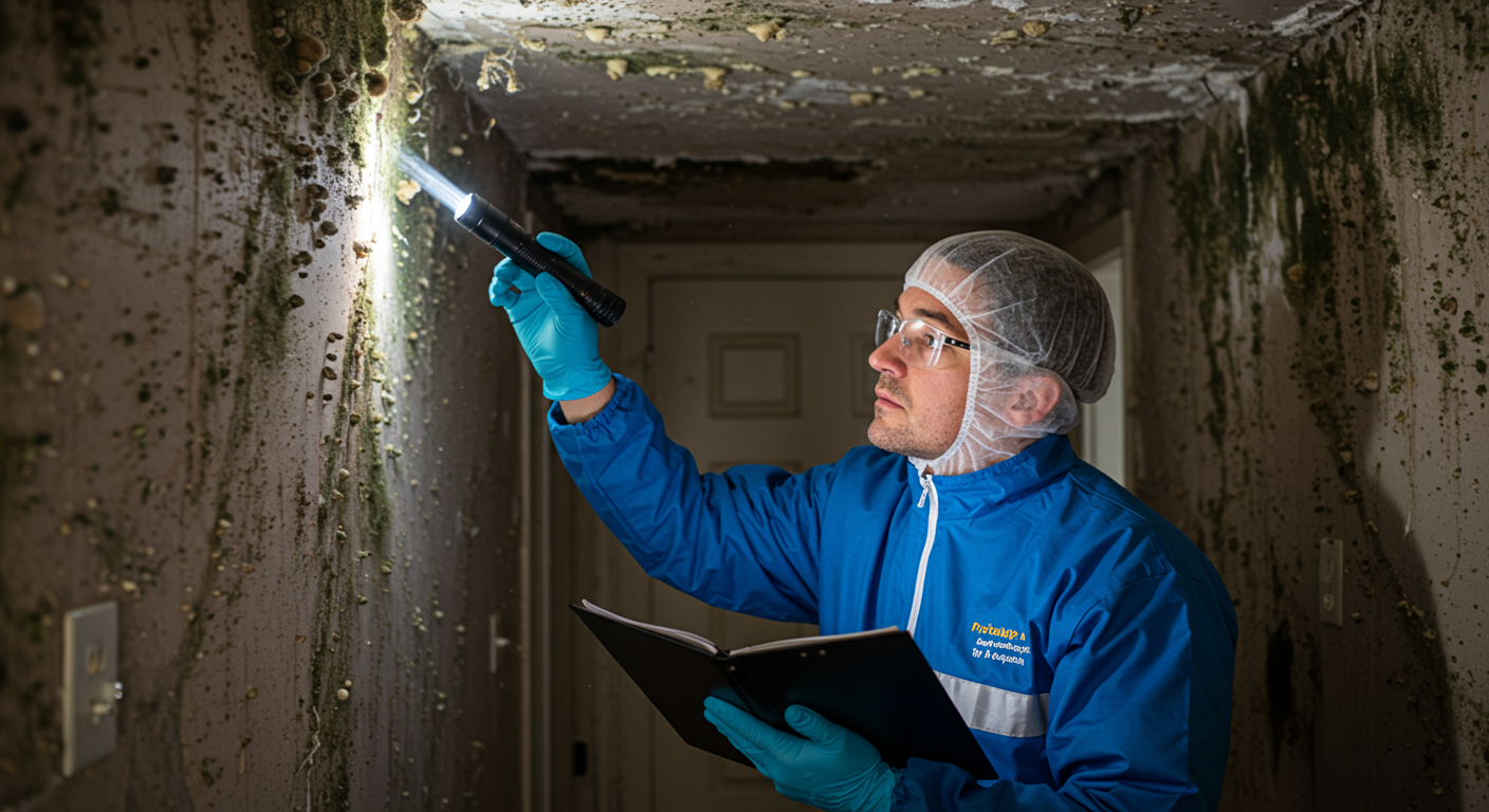 A professional mold inspector examining a home’s interior, using a flashlight to highlight areas with visible mold growth. The inspector is wearing protective gear, emphasizing safety.