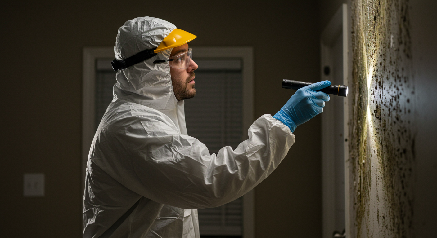 A mold inspector wearing protective gear is examining a wall with a flashlight, showcasing the inspection process. The setting is a residential home with visible signs of potential mold growth.