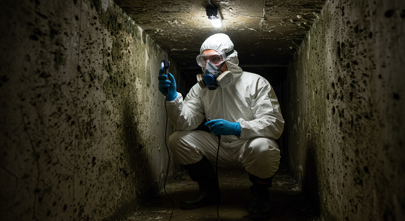 A professional mold remediation technician in protective gear inspecting a residential basement with visible mold growth on the walls.