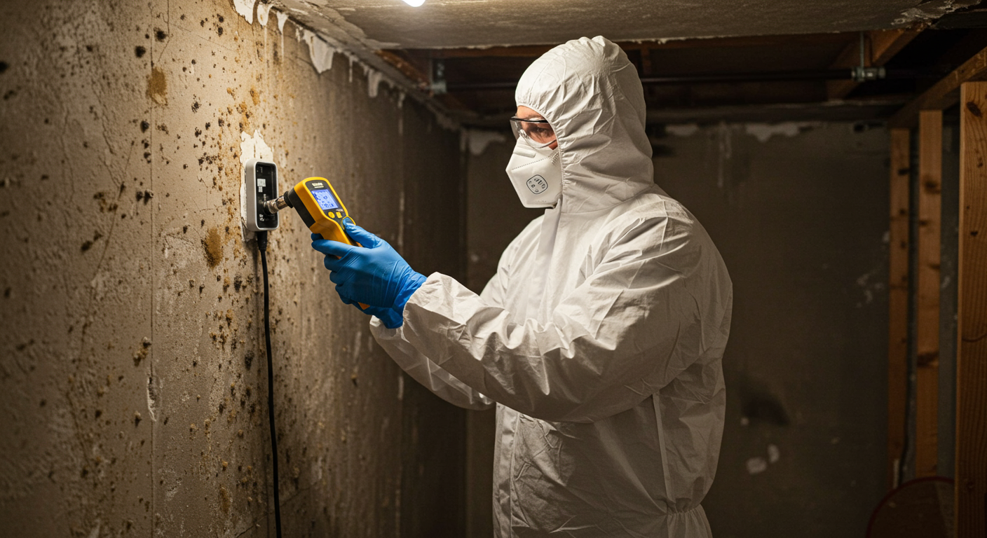 A professional mold remediation technician in protective gear inspecting a home’s basement. The technician is using a moisture meter to assess the level of mold and moisture on the walls.