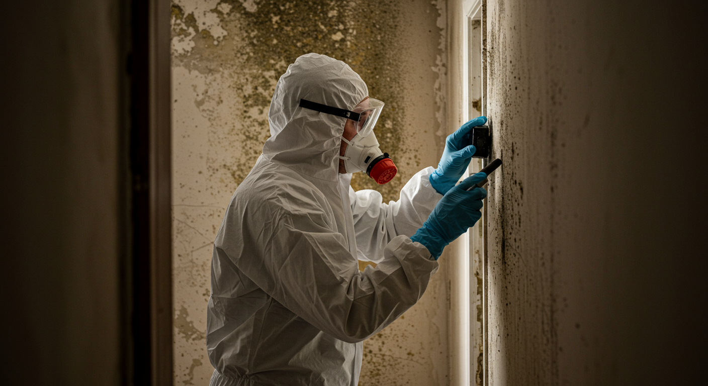 A technician in protective gear inspecting a wall for mold growth in a water-damaged area. The image captures the seriousness of mold remediation and the professional approach taken to ensure safety.