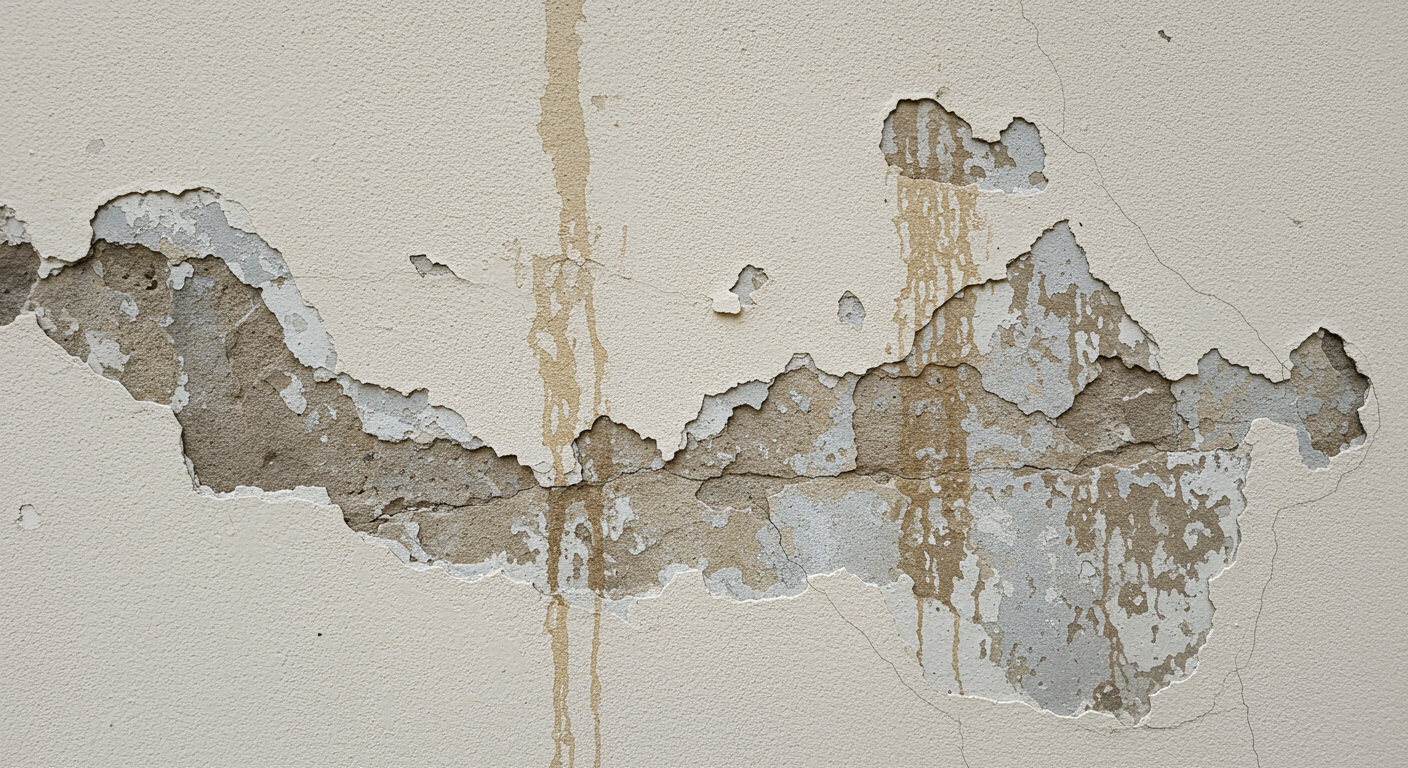 A close-up view of a water-damaged wall with peeling paint and visible water stains, showcasing the impact of water damage in a residential setting.