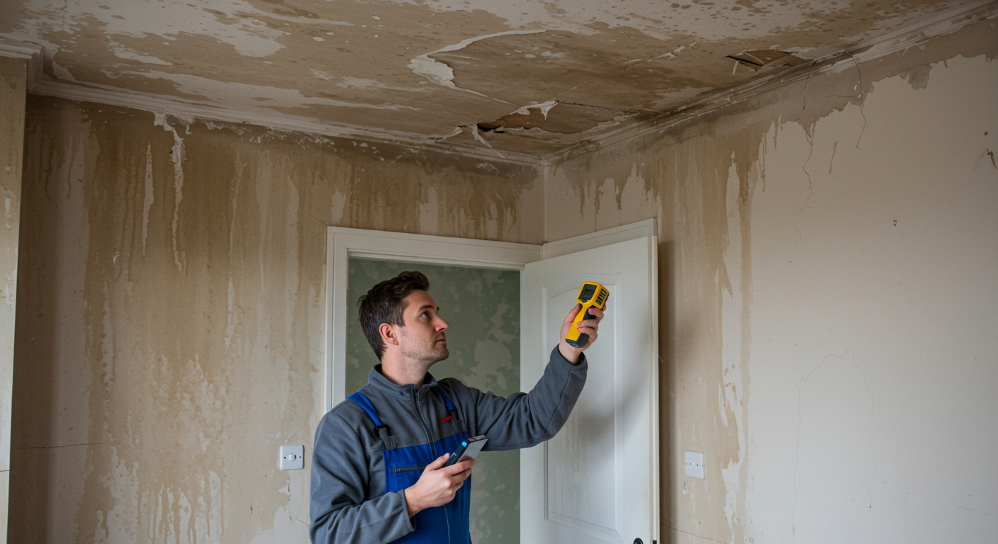 A professional water damage assessor inspecting a home with visible water stains on the walls and ceiling. The assessor is using a moisture meter to check the levels in the affected areas.