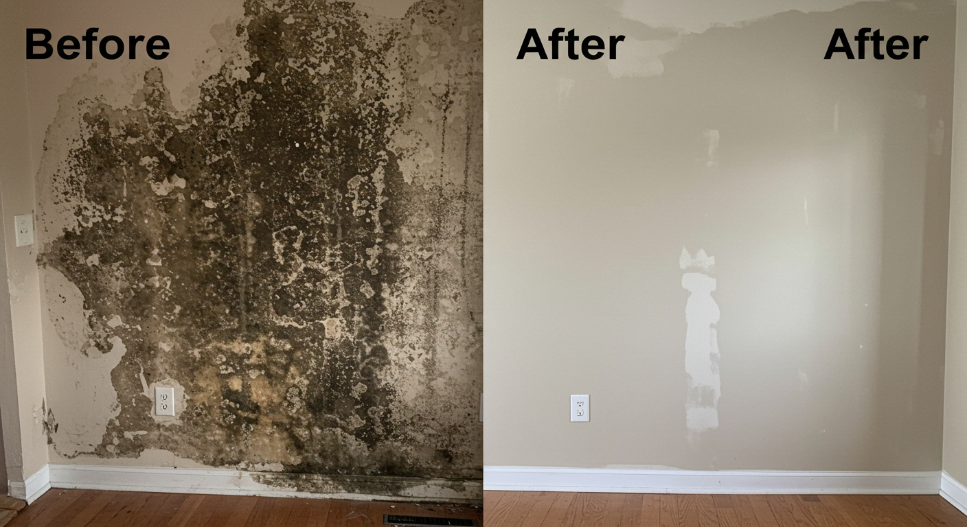 A split-screen image showing a before-and-after comparison of a mold-infested wall. The 'before' side displays dark mold patches, while the 'after' side reveals a clean, freshly painted wall. The setting is a residential home in Ellicott City, MD.