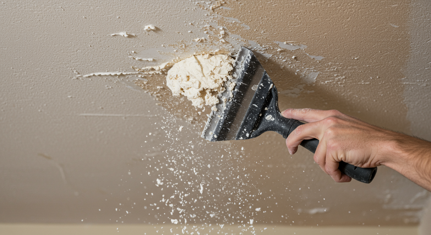 A close-up shot of a contractor's hand using a scraper to remove popcorn texture from the ceiling, with debris falling. The focus is on the texture being removed, emphasizing the meticulous work involved.