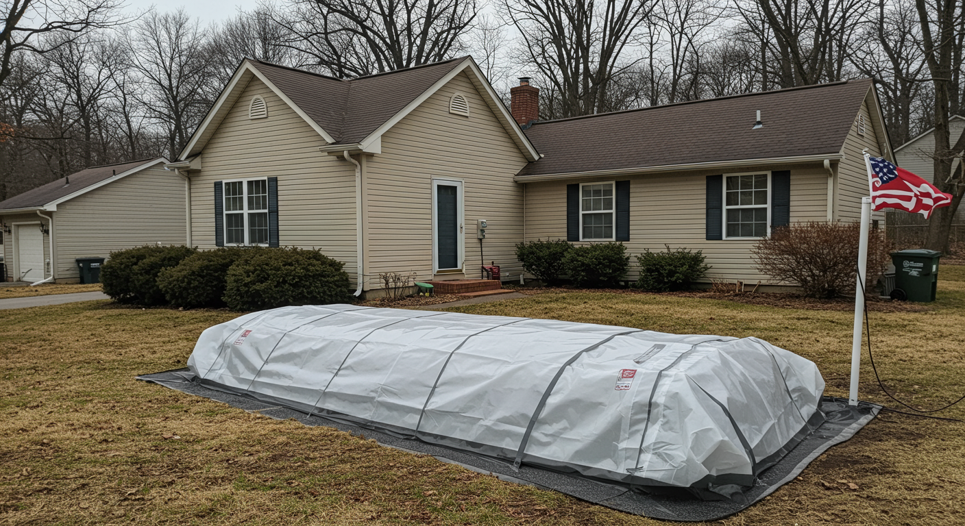 A crawl space encapsulation project in a typical Dundalk, MD home. The image should feature a recognizable local architectural style or a subtle reference to the area, such as a Maryland flag in the background or a Dundalk neighborhood setting.