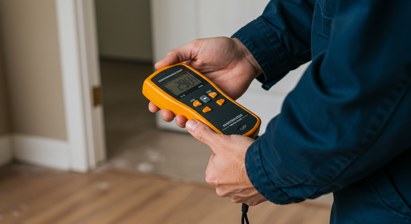 A restoration expert using a moisture meter to assess the extent of water damage in a home. The image captures the professionalism and thoroughness of the assessment process, with tools and equipment in focus.