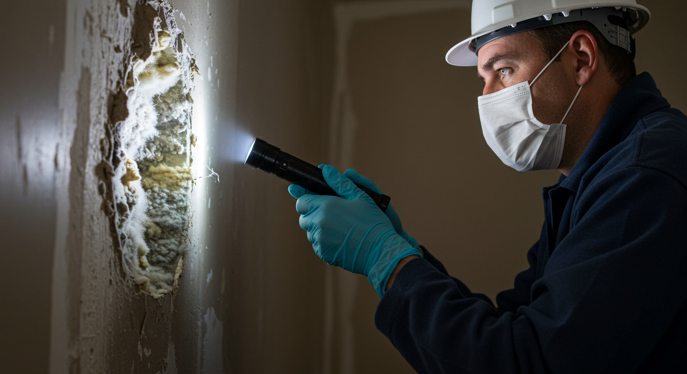 A professional inspector using a flashlight to reveal mold growth in a hidden area, such as behind drywall or under a sink. The image highlights the importance of professional inspections.