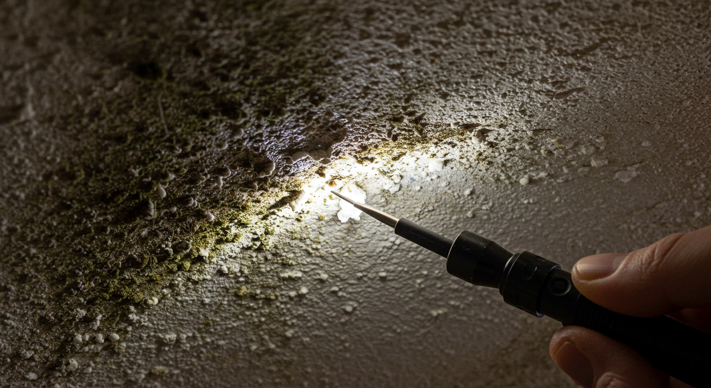 A close-up image of mold growth on a wall in a residential home, with a certified inspector using a flashlight and tools to examine the area.
