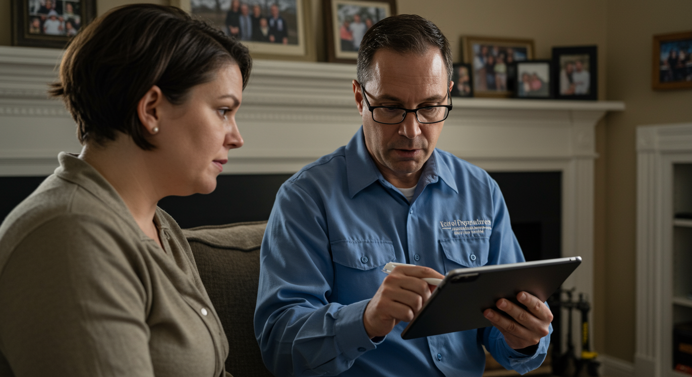 A professional mold inspector showing test results on a tablet to a concerned homeowner in a cozy Columbia, MD home.