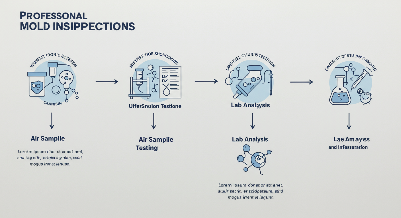A detailed infographic-style image showing the steps of a professional mold inspection process. It includes visuals of air sampling, surface testing, and lab analysis, with icons representing each step. The background is a clean whiteboard-style layout.