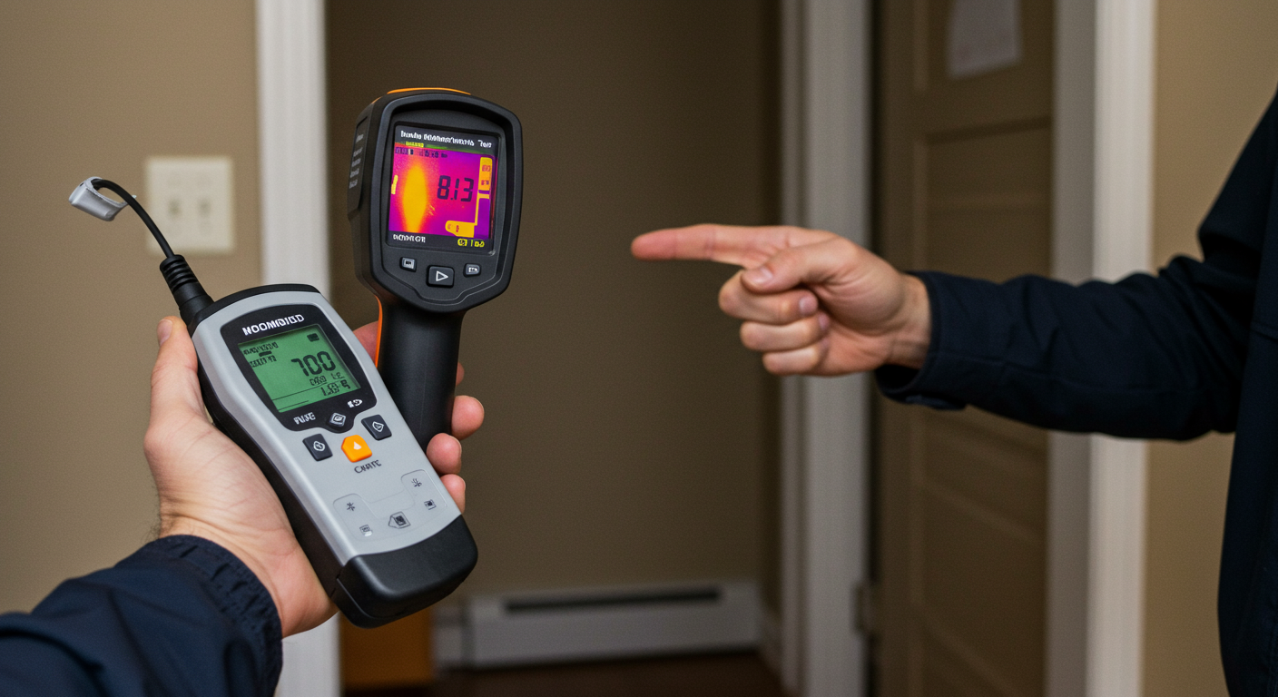 A professional inspector holding advanced mold detection tools (like a thermal imaging camera and air quality monitor) while pointing at a mold-affected area in a Columbia, MD home. The background shows a clean and organized inspection setup.