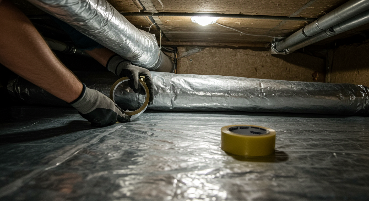 A homeowner sealing a crawl space with a vapor barrier to prevent mold growth. The image shows a clean, well-lit crawl space with the homeowner wearing gloves and using adhesive tape to secure the barrier.