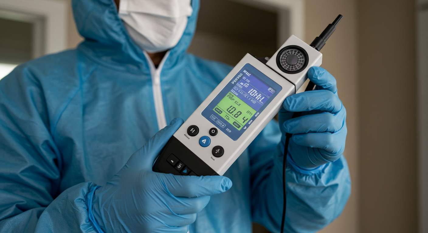 A close-up of a mold professional using advanced air quality testing equipment in a home environment. The image emphasizes the high-tech tools and the professional's expertise in ensuring a safe living space.
