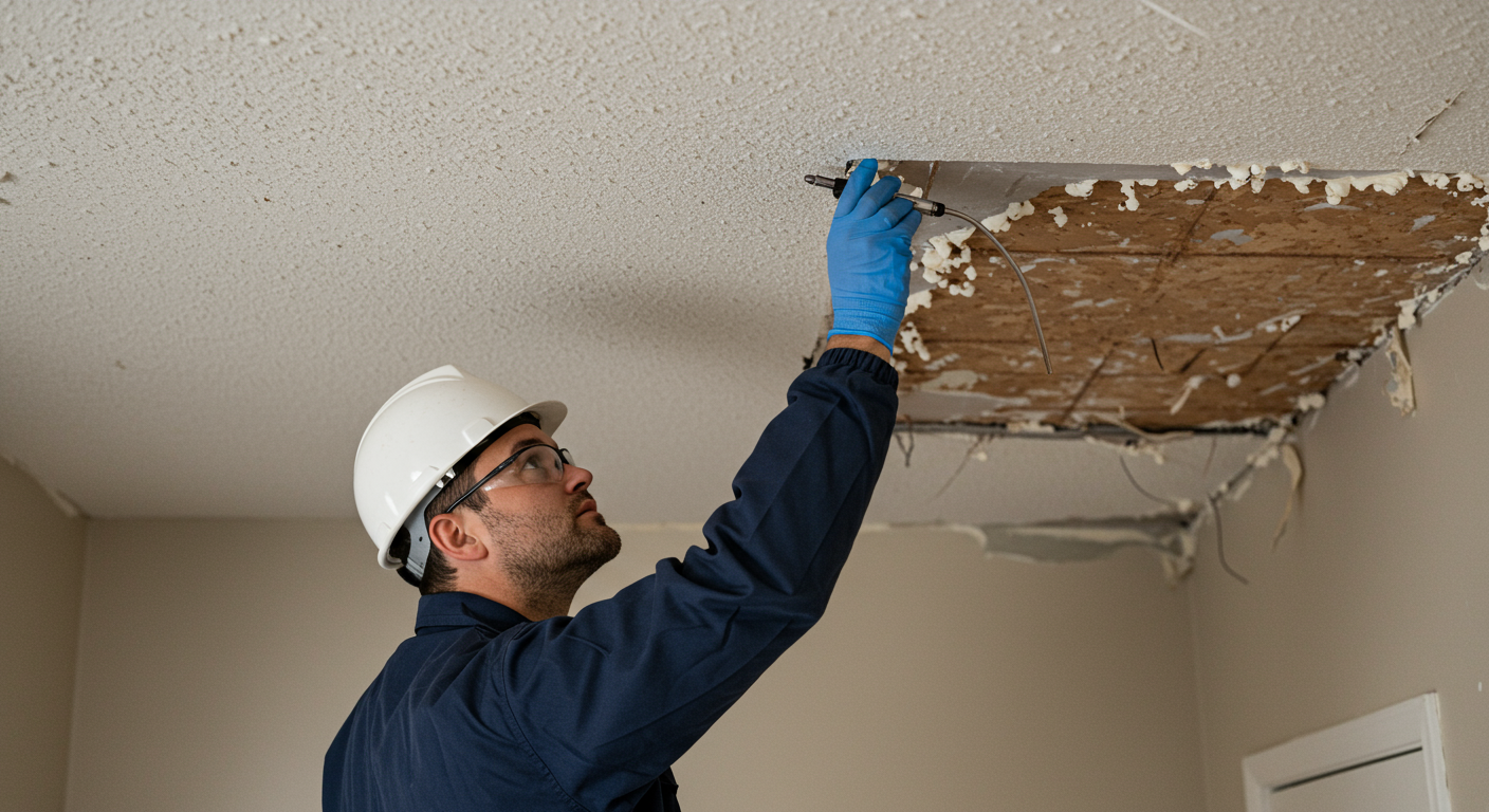 A professional contractor inspecting a ceiling for asbestos before removal.