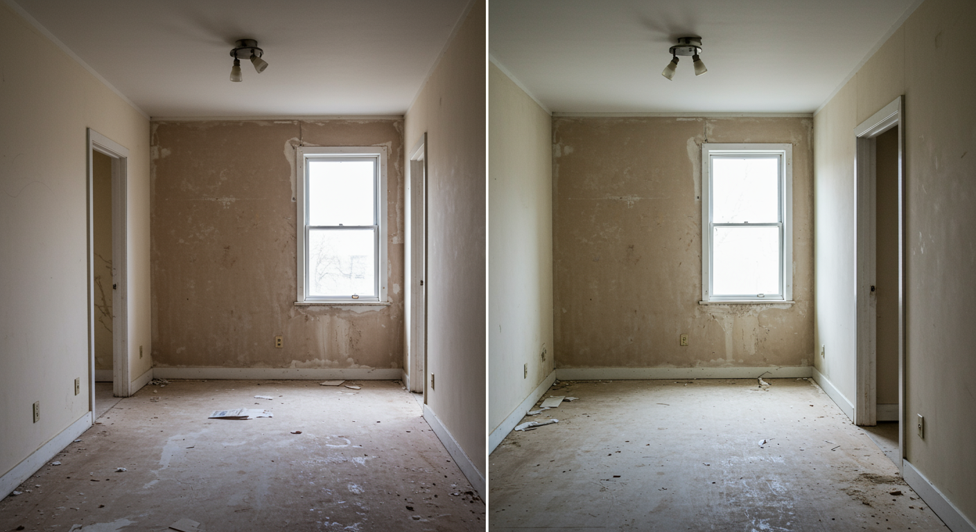 A split image showing a room before and after asbestos removal, highlighting the transformation and the importance of professional services in ensuring safety.