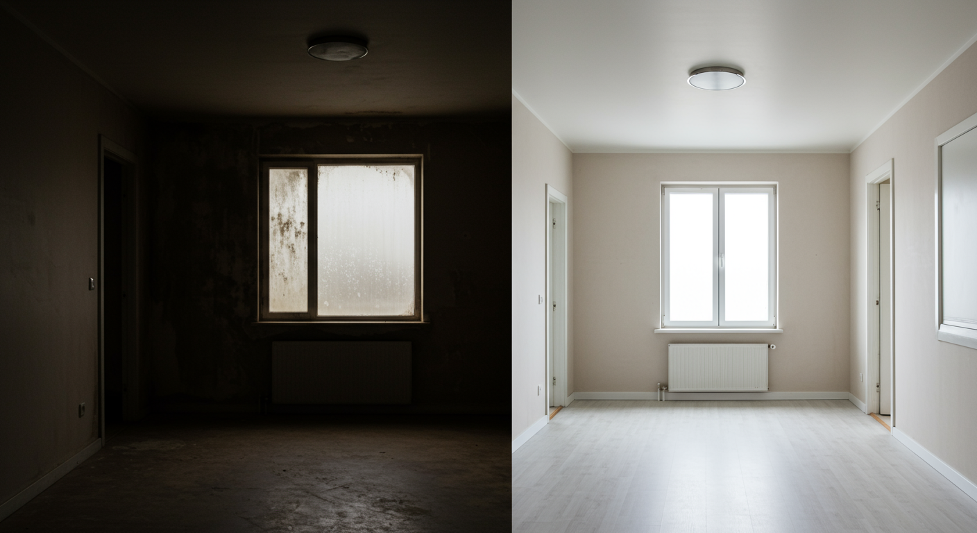 A split image showing a room before mold remediation (dark and damp) and after (bright and clean). This visual contrast highlights the effectiveness of mold removal services.