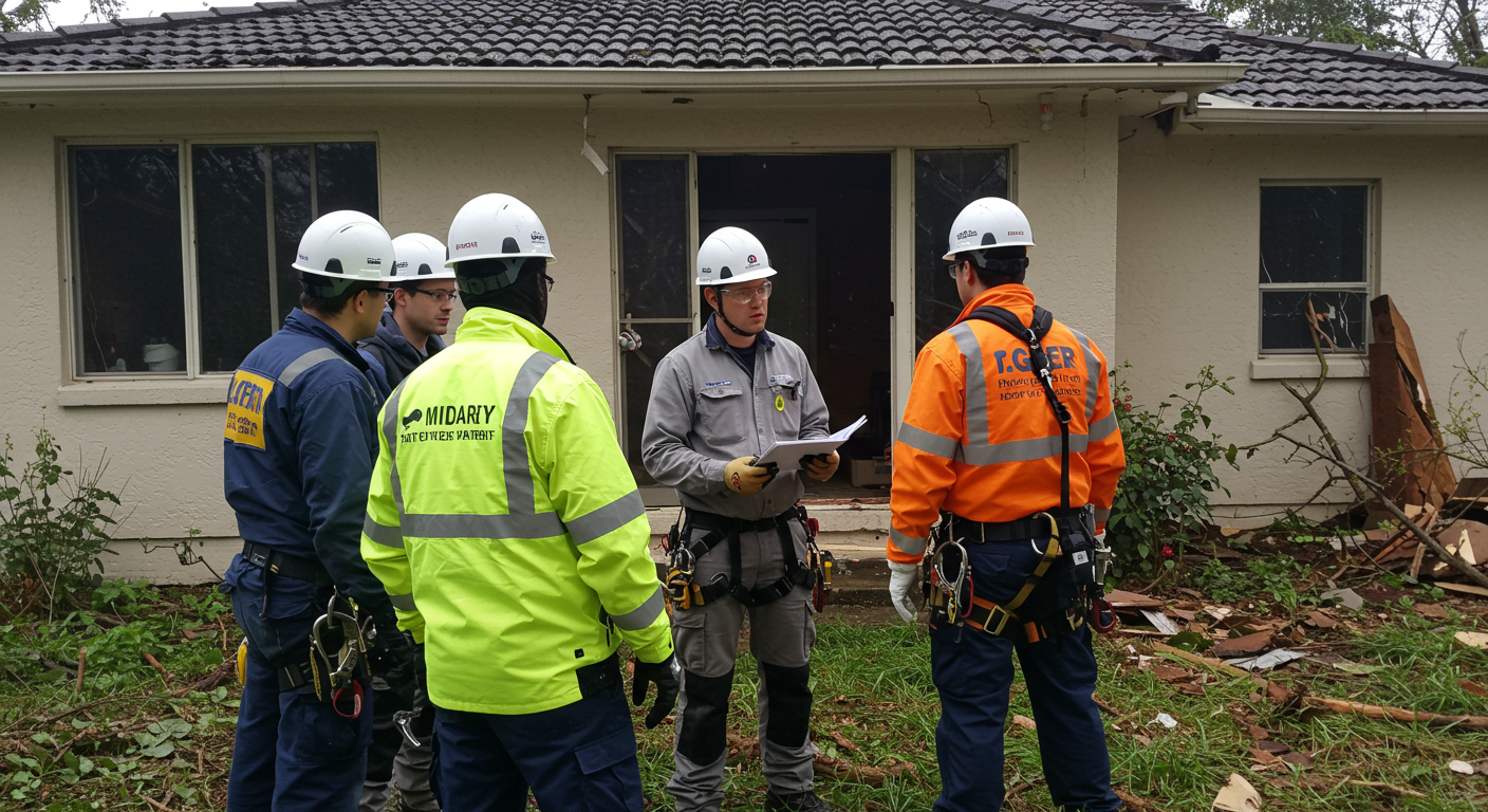 A team of professionals in safety gear assessing a residential property after a storm. They are examining the exterior for damage and discussing their findings.