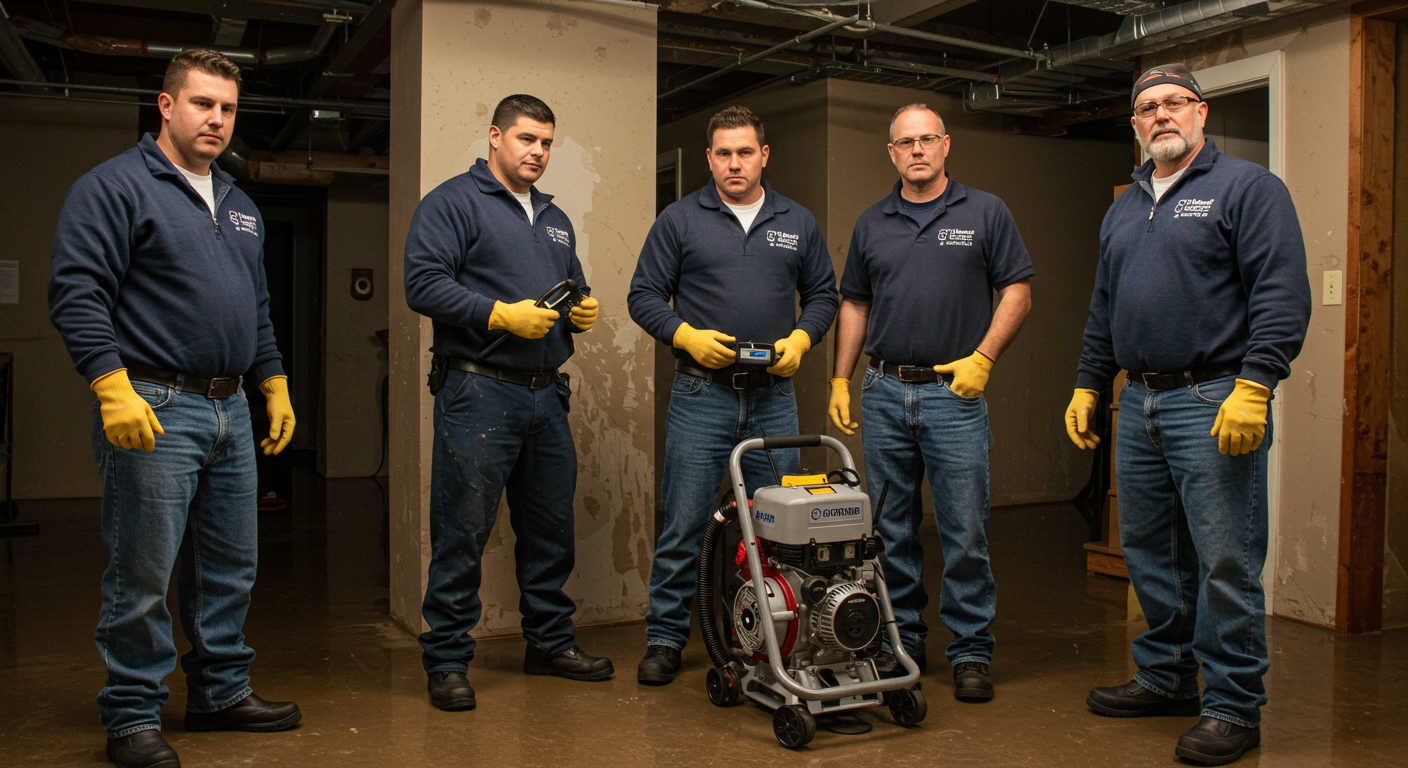 A team of professional water damage restoration technicians in Columbia, MD, working together to assess a flooded basement. They are equipped with tools like water extraction pumps and moisture meters, showcasing their expertise and readiness to respond.