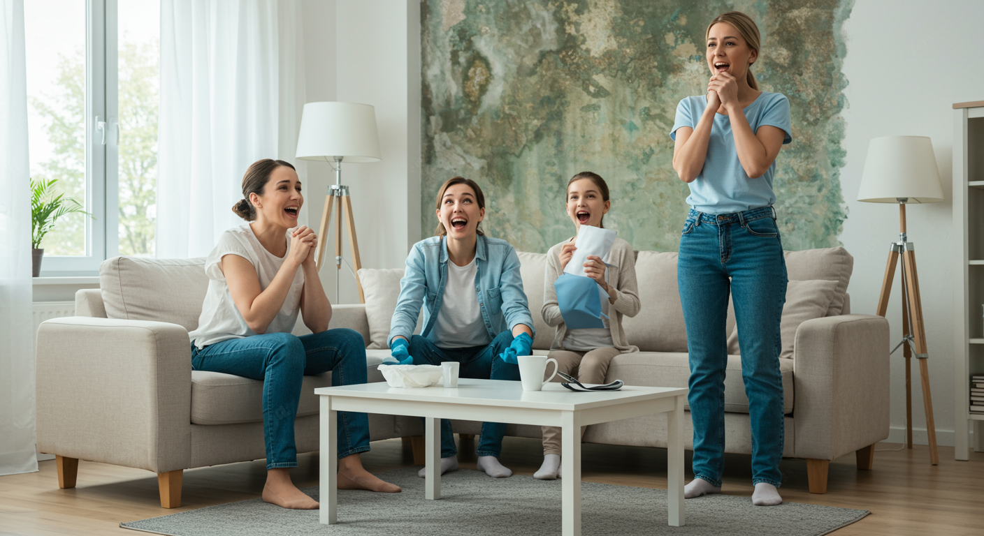 A family in a clean, mold-free living room, looking relieved and happy after mold remediation services. The space is bright and inviting, showcasing a healthy environment.