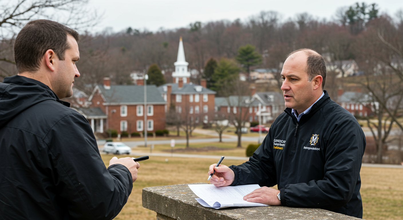 A scenic view of Dundalk, MD, with recognizable local landmarks in the background. In the foreground, a mold inspector is seen discussing inspection results with a homeowner, reinforcing the local service aspect and community connection.