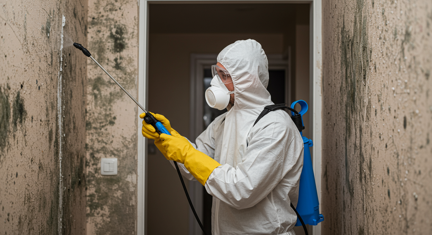 A professional mold cleaner in protective gear, using a spray solution to treat mold on a wall. The background shows a partially visible moldy area, emphasizing the remediation process.
