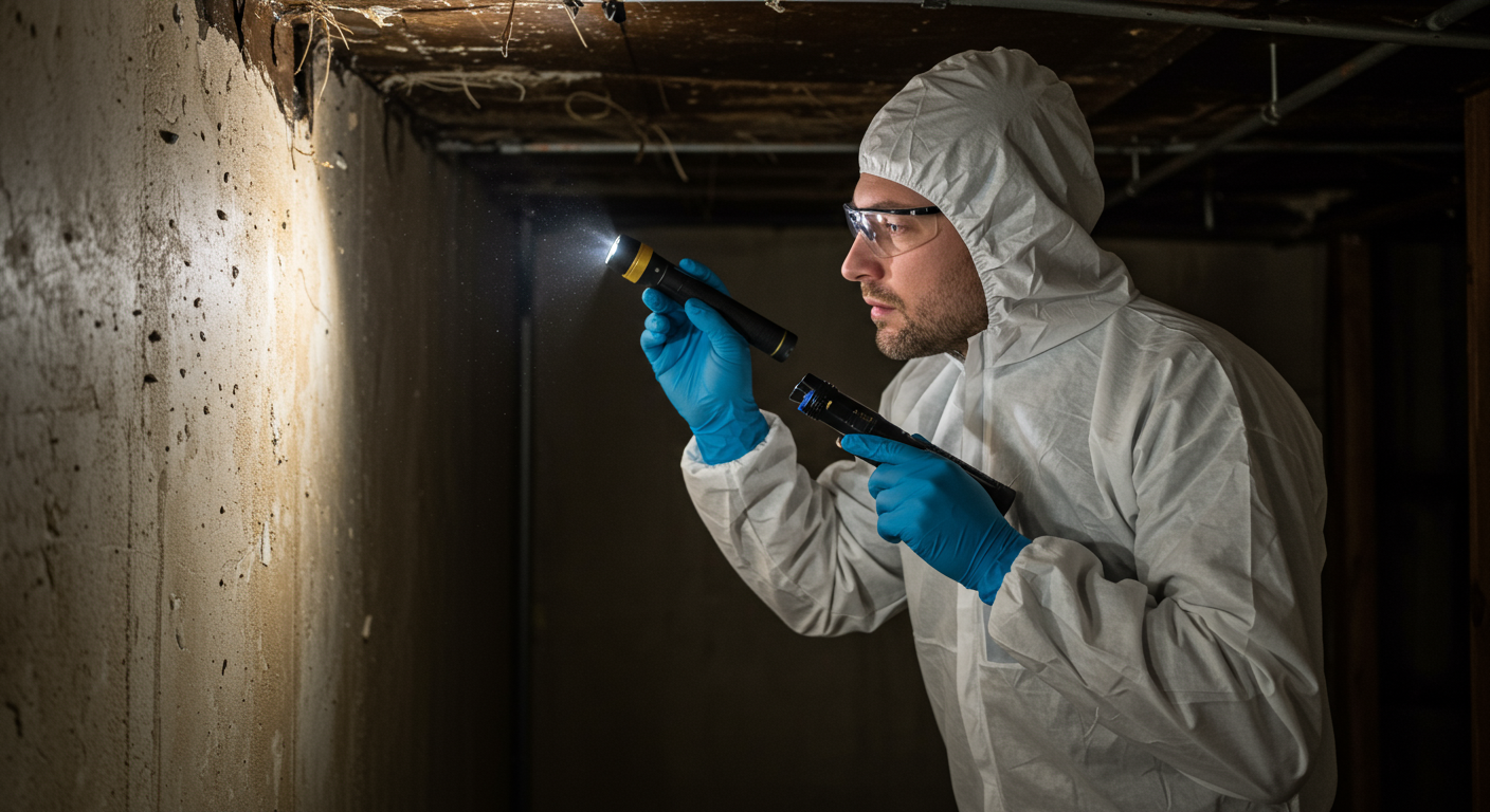 A professional mold inspector examining a damp corner of a basement with a flashlight and mold detection tools.