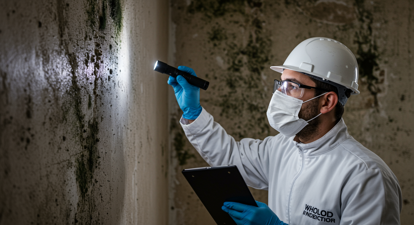 A professional mold inspector examining a wall with a flashlight, highlighting areas of potential mold growth. The inspector is wearing protective gear, including gloves and a mask.