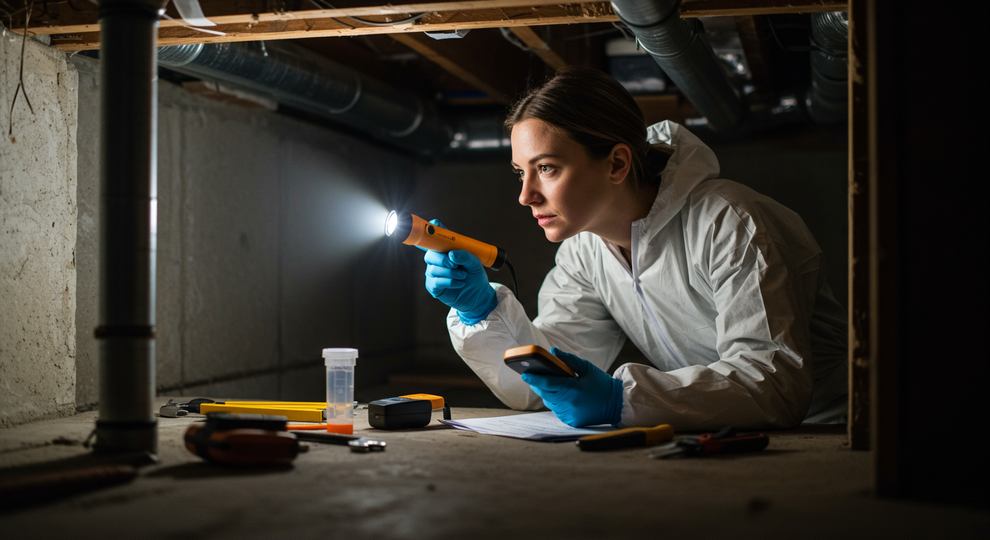 A professional mold inspector examining a home with a flashlight and mold detection equipment, showcasing the seriousness of mold inspection.