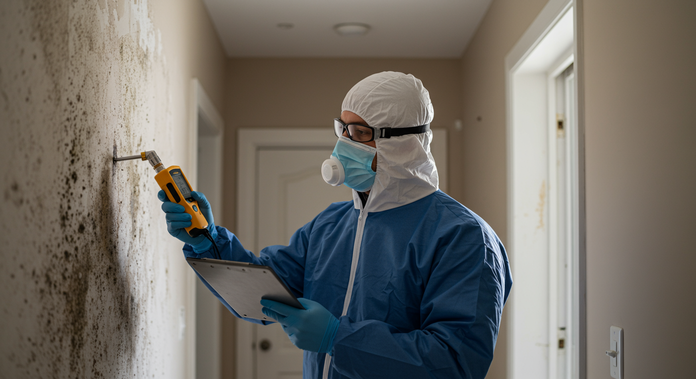 A professional mold inspector examining a wall with a moisture meter in a residential setting. The inspector is wearing protective gear, and there are visible signs of mold on the wall.