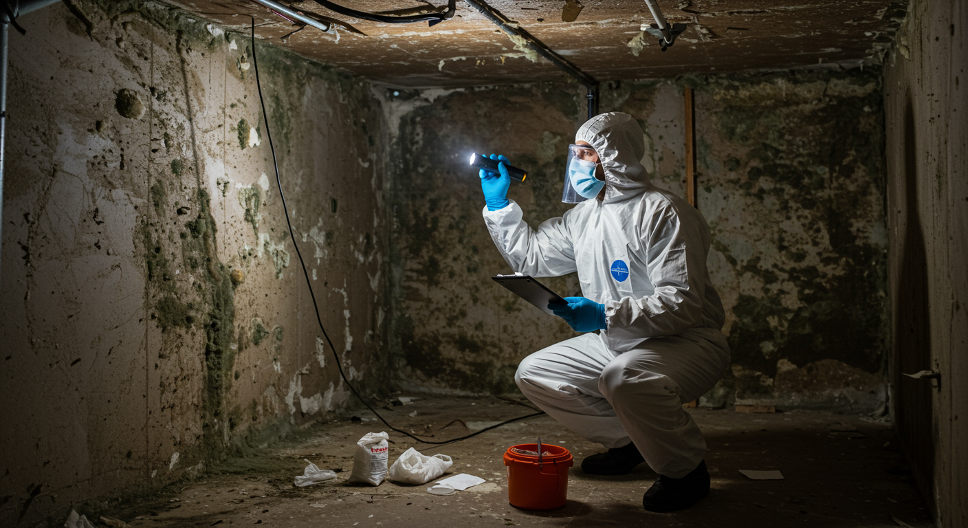 A professional mold remediation technician in protective gear inspecting a home’s basement