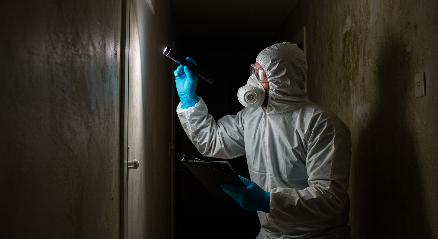 A professional mold remediation technician in protective gear inspecting a home for mold.
