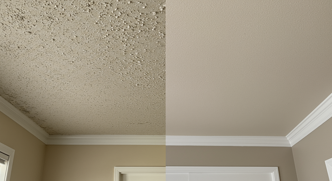 A split image showcasing a popcorn ceiling on one side and a smooth, modern ceiling on the other. The contrast highlights the transformation achieved through removal.