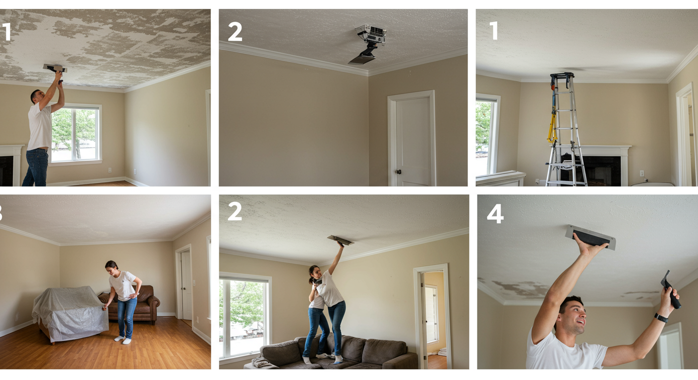 A step-by-step visual representation of the popcorn ceiling removal process, showing the stages from preparation to scraping and finally the smooth ceiling.