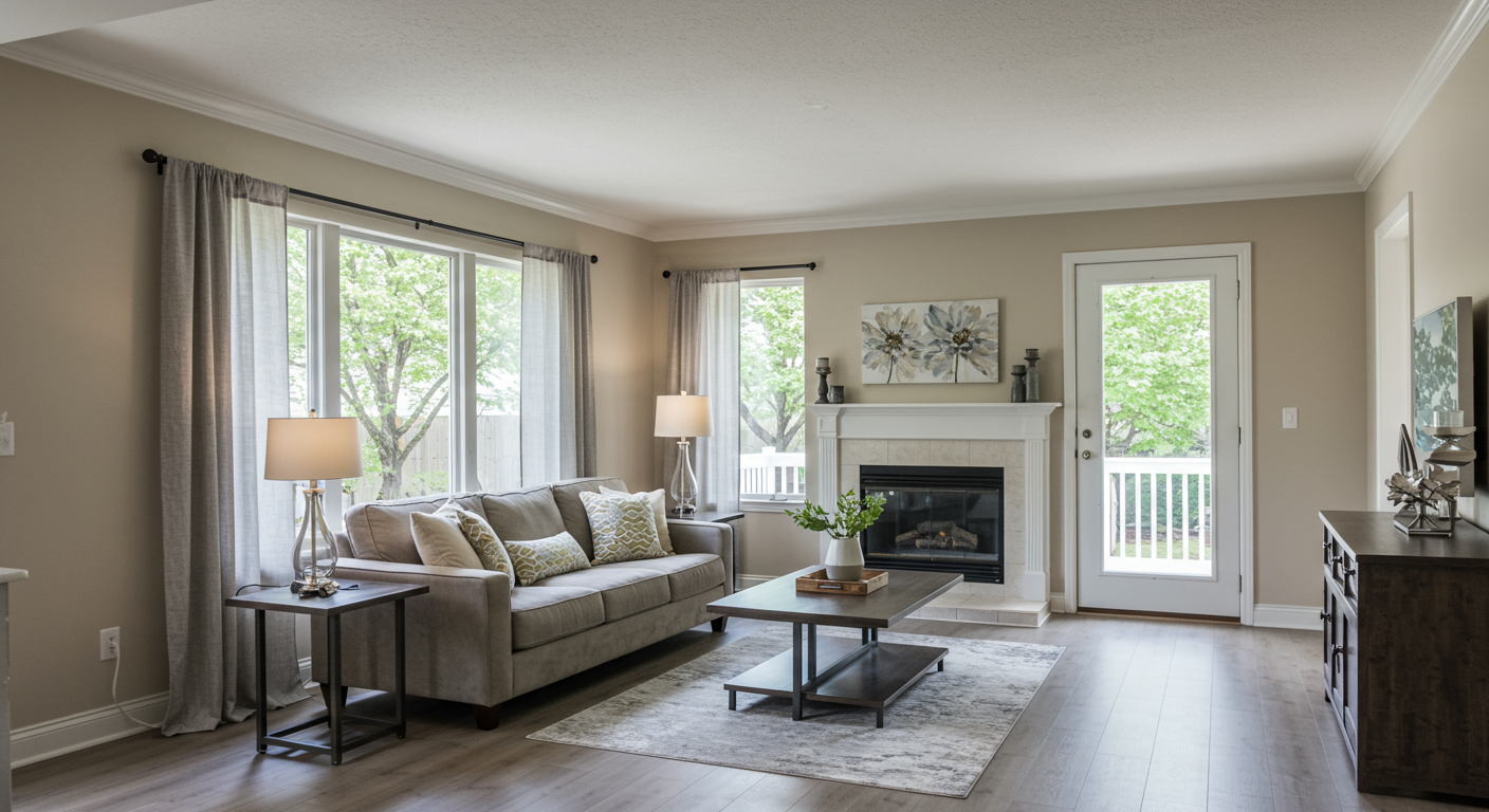 An interior view of a living room with a smooth ceiling, bright lighting, and modern decor.